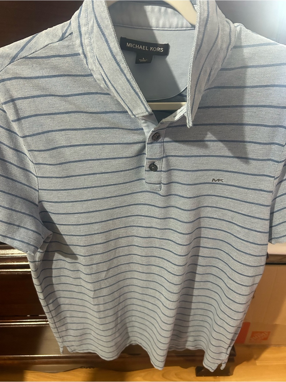 👕👕👕Michael Kors Men’s Light Blue Polo with Navy Stripe Detail